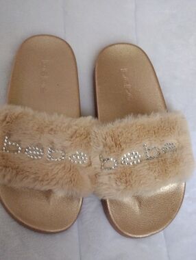 bebe Faux-Fur Slide Sandals in Beige Gold